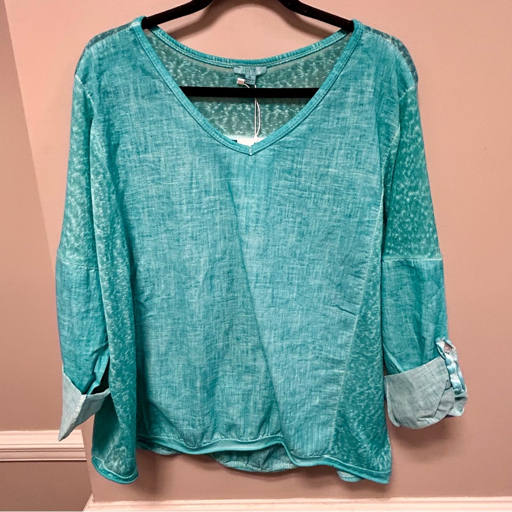 Kaktus Sz XL Teal V-Neck Women's Top 100% Linen NWT